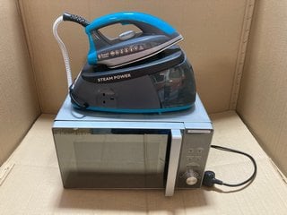 RUSSELL HOBBS COMPACT DIGITAL MICROWAVE OVEN IN SILVER TO ALSO INCLUDE RUSSELL HOBBS STEAM IRON IN GREY/TEAL: LOCATION - BR3