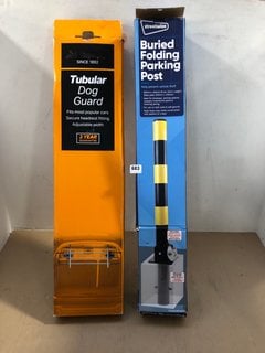 TUBULAR DOG GUARD - FITS MOST POPULAR CARS TO ALSO INCLUDE STREETWIZE BURIED FOLDING PARKING POST IN BLACK/YELLOW: LOCATION - BR12