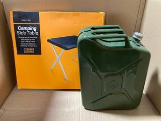 OUTDOOR FOLDING CAMPING SIDE TABLE IN BLACK TO ALSO INCLUDE LARGE PETROL CAN IN GREEN: LOCATION - BR15