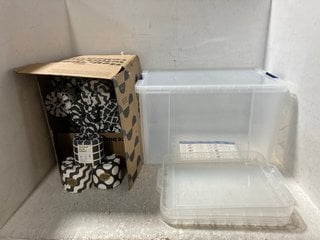 85L PRO STORAGE PLASTIC BOX TO INCLUDE BOX OF 2 X 35L CLEAR PLASTIC STORAGE BOX LIDS , BOX OF WHO GIVES A C*** WRAPPED TOILET ROLLS: LOCATION - G18