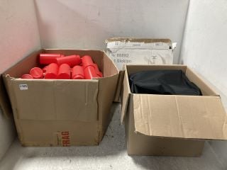 3 X BOXES OF ASSORTED ITEMS TO INCLUDE BOX OF MEDIUM SIZED PLAIN PLASTIC WATER BOTTLES IN RED: LOCATION - G21