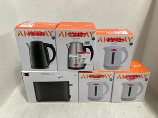 6 X ASSORTED JOHN LEWIS AND PARTNERS KITCHEN APPLIANCES TO INCLUDE 5 X ASSORTED 1.5 AND 1.7L KETTLES , COATED STAINLESS STEEL 2 SLICE TOASTER: LOCATION - H11