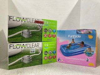 3 X ASSORTED POOL ITEMS TO INCLUDE FUNSICLE OCEAN EXPLORER POOL , 2 X FLOW CLEAR POOL HEATERS: LOCATION - E8