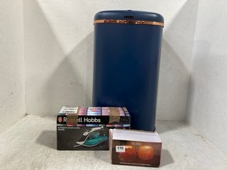 3 X ASSORTED HOUSE HOLD ITEMS TO INCLUDE TOWER ROSE GOLD EDITION 58L SENSOR BIN IN MIDNIGHT BLUE: LOCATION - E8