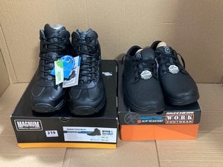 MAGNUM STRIDER MID HPI SLIP RESISTANT OUTDOOR COMFORT BOOTS IN BLACK SIZE: 10 TO INCLUDE SKECHERS WORK FOOTWEAR STEEL TOE BOOTS IN BLACK SIZE: 9: LOCATION - E11