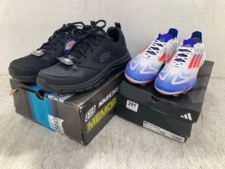 2 X ASSORTED MENS SHOES TO INCLUDE ADIDAS F50 PRO MG FOOTBALL BOOTS IN WHITE/RED/BLUE SIZE: 9 , SKECHERS MEMORY FOAM TRACK LACE UP SHOES IN BLACK SIZE: 10: LOCATION - E15