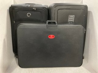 2 X ASSORTED SAMSONITE AND DELSEY HARD/SOFT SHELL TRAVEL CASES IN BLACK TO INCLUDE LARGE CANVAS PROTECTOR BAG IN BLACK: LOCATION - E18