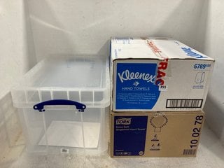 REALLY USEFUL 48L CLEAR PLASTIC STORAGE BOX TO INCLUDE 2 X ASSORTED KLEENEX AND TORK HAND TOWELS: LOCATION - F17