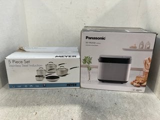 MEYER 5 PIECE STAINLESS STEEL COOK SET TO INCLUDE PANASONIC AUTOMATIC BREAD MAKER IN SILVER MODEL: SD - YR2550: LOCATION - F12