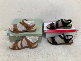 FREE SPIRIT LEATHER BRAIDED STRAP SANDALS IN BROWN SIZE: 4 TO INCLUDE RIEKER LEATHER VELCRO STRAP SANDALS IN BLACK SIZE: 37 EU: LOCATION - F9