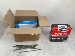 BOX OF ASSORTED TOOL ITEMS TO INCLUDE TIMCO PAPER COLLATED HEAT FRAMED NAILS: LOCATION - F7