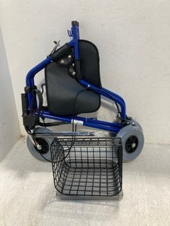 METAL FRAMED WALKING FRAME WITH SEAT AND BASKET IN BLUE AND BLACK: LOCATION - F6