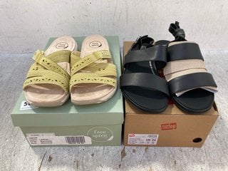 FITFLOP GRACIE LEATHER BACK STRAP SANDALS IN BLACK SIZE: 6 TO INCLUDE FREE SPIRIT ALBANY EMBROIDERED CUT OUT VELCRO STRAP SANDALS IN GREEN SIZE: 6: LOCATION - F4