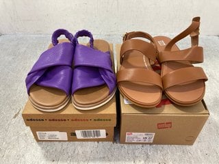 FITFLOP GRACIE LEATHER BACK STRAP SANDALS IN LIGHT TAN SIZE: 7 TO INCLUDE ADESSO LEATHER STRETCH STRAP SANDALS IN PURPLE SIZE: 40 EU: LOCATION - F4