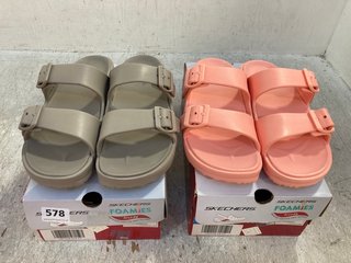 2 X SKECHERS FOAMIES RUBBER BUCKLE SANDALS IN STONE AND PINK SIZE: 7: LOCATION - F3