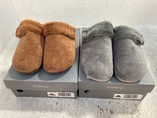 2 X VIONIC WOMENS FLEECE LINED OPEN BACK SLIPPERS IN GREY AND BROWN SIZE: 7: LOCATION - F3