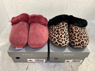 2 X VIONIC WOMENS FLEECE LINED OPEN BACK SLIPPERS IN RED AND ANIMAL PRINT BROWN SIZE: 6: LOCATION - F3