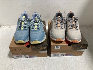 2 X SKECHERS WOMENS OUTDOOR LEATHER AND MESH LACE UP WALKING SHOES IN BLUE AND BROWN SIZE: 6: LOCATION - G0