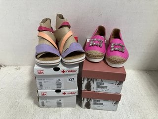 2 X RIEKER WOMENS VELCRO LEATHER STRAP SANDALS IN PASTEL MULTI SIZE: 4 AND 6 TO INCLUDE 2 X MODA IN PELLE WOMENS SQUARE JEWEL SUEDE SLIP ON SHOES IN PINK SIZE: 3: LOCATION - G2