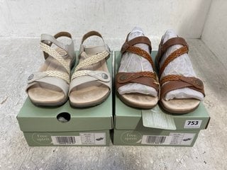 2 X FREE SPIRIT WOMENS MALIBU LEATHER VELCRO STRAP SANDALS IN SAND WHITE AND WALNUT SIZE: 7: LOCATION - G4