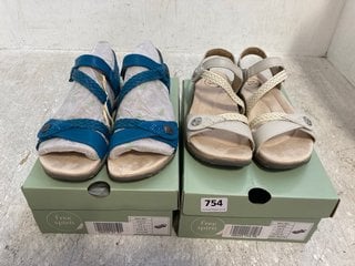 2 X FREE SPIRIT WOMENS MALIBU LEATHER VELCRO STRAP SANDALS IN SAND WHITE AND OCEAN SIZE: 6 AND 7: LOCATION - G4