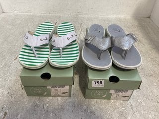 2 X FREE SPIRIT WOMENS KELLY VELCRO STRAP FLIP FLOPS IN SILVER AND WHITE/GREEN SIZE: 6: LOCATION - G4