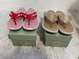 2 X FREE SPIRIT WOMENS KELLY VELCRO STRAP FLIP FLOPS IN GOLD AND RED/WHITE SIZE: 7: LOCATION - G4