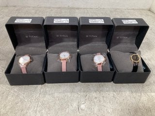 4 X ASSORTED COLOUR AND STYLE RAGA BY TITAN LADIES WRIST WATCHES: LOCATION - E3