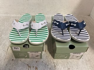 2 X FREE SPIRIT WOMENS SANA LEATHER STRAP FLIP FLOPS IN WHITE/GREEN AND NAVY/WHITE SIZE: 6 AND 7: LOCATION - G4