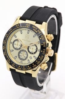 MEN'S FRANK SCHMIDT WATCH. FEATURING A MULTIFUNCTION GOLD COLOURED DIAL, BEZEL AND CASE, DATE, W/R 3ATM. BLACK RUBBER STRAP. COMES WITH A PRESENTATION CASE: LOCATION - C0