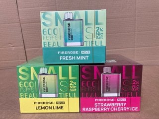 3 X BOXES OF FIREROSE NOVA 2ML 2% 600 PUFF VAPES IN FRESH MINT, LEMON LIME & STRAWBERRY RASPBERRY CHERRY ICE - (PLEASE NOTE: 18+YEARS ONLY. ID MAY BE REQUIRED): LOCATION - D0