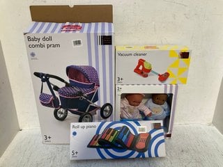 5 X ASSORTED JOHN LEWIS & PARTNERS KIDS TOYS TO INCLUDE VACUUM CLEANER AND ROLL UP PIANO: LOCATION - A10