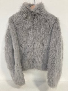 MINT VELVET FAUX FUR CROPPED JACKET IN GREY - UK SIZE M - RRP £180.00: LOCATION - FRONT BOOTH