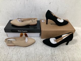 DUNE ADELE BLACK HEELED COURT SHOES UK SIZE 4 TO INCLUDE HUSH PUPPIES IVORY DEMI SLINGBACK BALLERINAS UK SIZE 3: LOCATION - B6