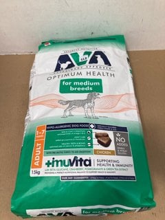 AVA OPTIMUM HEALTH ADULT 1-7 YEARS CHICKEN DOG FOOD 15KG BBE: AUGUST 2025: LOCATION - B3