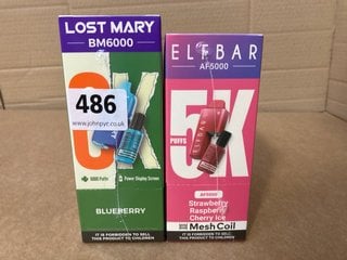 BOX OF LOST MARY BM6000 20MG DISPOSABLE VAPES IN BLUEBERRY FLAVOUR - BBE: 09.09.2026 TO ALSO INCLUDE BOX OF ELFBAR AF5000 20MG DISPOSABLE VAPES IN STRAWBERRY RASPBERRY CHERRY ICE FLAVOUR - BBE: 12.08