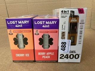 3 X BOXES OF DISPOSABLE VAPES TO INCLUDE BOX OF LOST MARY 4-IN-1 20MG PRE FILLED PODS IN CHERRY ICE FLAVOUR - BBE: 29.06.2026 (PLEASE NOTE: 18+YEARS ONLY. ID MAY BE REQUIRED): LOCATION - D0