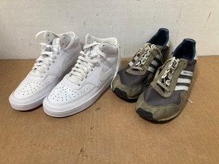 NIKE MENS COURT VISION MID TRAINERS IN ALL WHITE UK SIZE 6 TO INCLUDE ADIDAS MENS NEW YORK TRAINERS IN KHAKI GREEN SIZE UK 8: LOCATION - B15