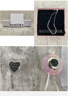 3 X PANDORA JEWELLERY IN VARIOUS SIZES TO INCLUDE OPALESCENT PINK CHARM: LOCATION - C15