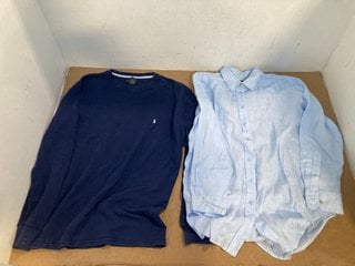 RALPH LAUREN MENS SHIRT SLEEVED SHIRT IN BABY BLUE - SIZE UK MEDIUM TO ALSO INCLUDE POLO RALPH LAUREN MENS LONG SLEEVED SWEATSHIRT IN NAVY - SIZE UK XL: LOCATION - C14