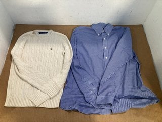 RALPH LAUREN MENS KNITTED LONG SLEEVED JUMPER IN CREAM - SIZE UK MEDIUM TO ALSO INCLUDE RALPH LAUREN MENS LONG SLEEVED CHECK SHIRT IN BLUE/WHITE - SIZE UK LARGE: LOCATION - C14