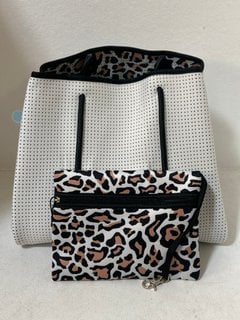 CHUCHKA KALLI NEOPRENE TOTE BAG IN WHITE/LEOPARD: LOCATION - BR3