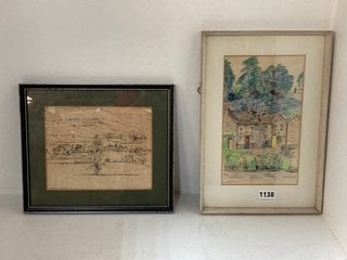 2 X SMALL WALL HANGING PICTURES TO INCLUDE COUNTRY COTTAGE SKETCH STYLE WALL PICTURE IN WHITE MOUNTING WITH WHITE WOOD STYLE FRAME: LOCATION - BR4