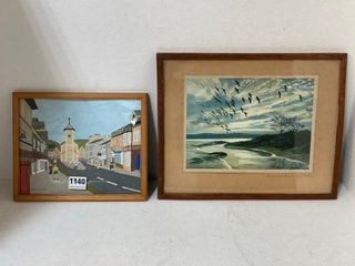 2 X SMALL WALL PICTURES TO INCLUDE KESWICK TOWN SMALL PAINTED WALL PICTURE IN LIGHT WOOD FRAME: LOCATION - BR5