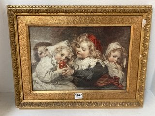 TRADITIONAL STYLE CANVAS PAINTING OF 4 CHILDREN IN VINTAGE STYLE ATTIRE IN GILDED STYLE GOLD COLOUR FRAME: LOCATION - BR5