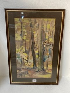 WATERCOLOUR STYLE PAINTING OF WOODLAND NATURE WITH MOUNTING IN DARK WOOD FRAME: LOCATION - BR5