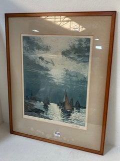 LARGE WALL PAINTING OF A WATERFRONT WITH BOATS IN LIGHT GREY MOUNTING WITH ACACIA STYLE WOOD FRAME: LOCATION - BR5