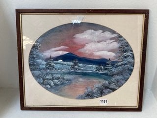 WINTER SCENE WALL PAINTING WITH OVAL STYLE MOUNTING AND DARK WOOD FRAME: LOCATION - BR5