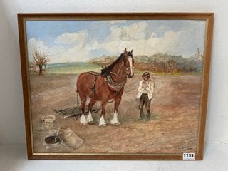 VINTAGE STYLE CANVAS WALL PAINTING OF SHIRE HORSE AND FARMER WORKING THE FIELD IN AGED STYLE WOODEN FRAME: LOCATION - BR5