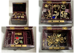 A VINTAGE LEATHER JEWELLERY BOX AND CONTENTS: LOCATION - BR8